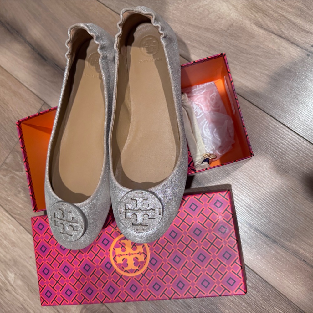 Tory Burch Silver Flats with Signature Medallion